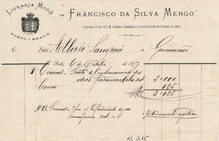 Recibo da casa livreira de Francisco da Silva Mengo (Museu Alberto Sampaio)